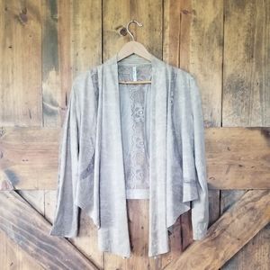 FAUX LEATHER SHORT CARDIGAN w/ LACE INSET